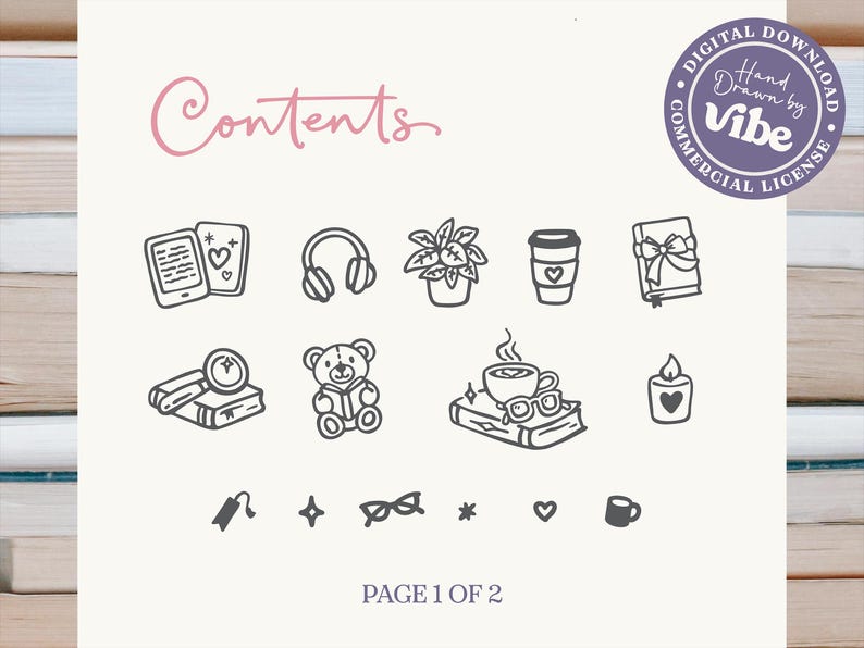 May include: A digital download graphic with the word "Contents" in pink script. The image features hand-drawn illustrations of reading-related items, including an e-reader, headphones, a plant, a coffee cup, books, and a teddy bear. The text "PAGE 1 OF 2" is also present.