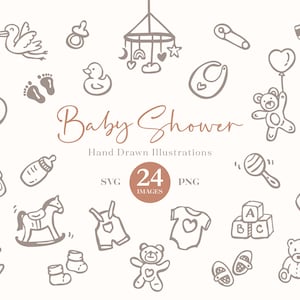 Baby Shower Icons disegnati a mano in SVG e PNG - clipart Baby Shower perfette per inviti, decorazioni, ricordi. Modifica in Canva