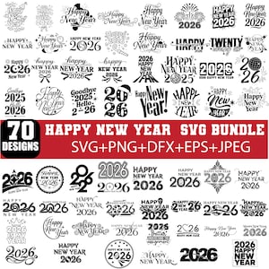以下が含まれることがあります： 様々なスタイルの、2026年を含む70種類のハッピーニューイヤーSVGデザインのコレクション。SVG、PNG、DFX、EPS、JPEG形式で利用可能。「ハッピーニューイヤー」と「2026」の文字が含まれています。