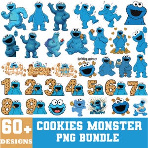 以下が含まれることがあります： 青いクッキーモンスターのPNGデザインのコレクション。画像には、さまざまなポーズ、誕生日のグラフィック、クッキーモンスターの数字1〜9が含まれています。「60+ COOKIES MONSTER PNG BUNDLE」というテキストも含まれています。
