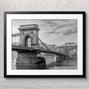 Chain Bridge Budapest digital print, black and white city photography, historic European architecture wall art, printable travel decor