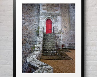 Rode deuropening kasteelprint, middeleeuwse stenen muur, Europese architectuur (digitale download)