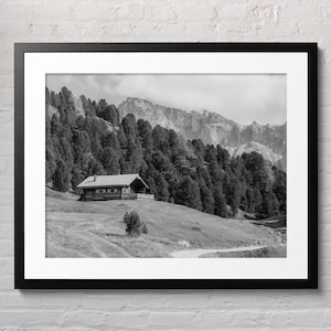 Dolomites cabin black and white print, Italian mountain lodge photography, alpine forest landscape wall art, rustic nature photo decor