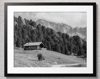 Dolomites Cabin Print, Black and White Italian Alps Photo (Digital Download)