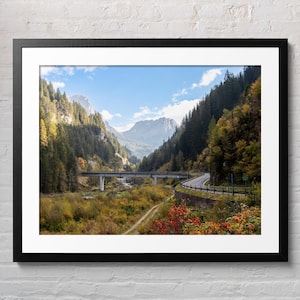 Mountain road digital print, Dolomites bridge landscape photo, scenic valley wall art, alpine forest nature print, printable travel decor