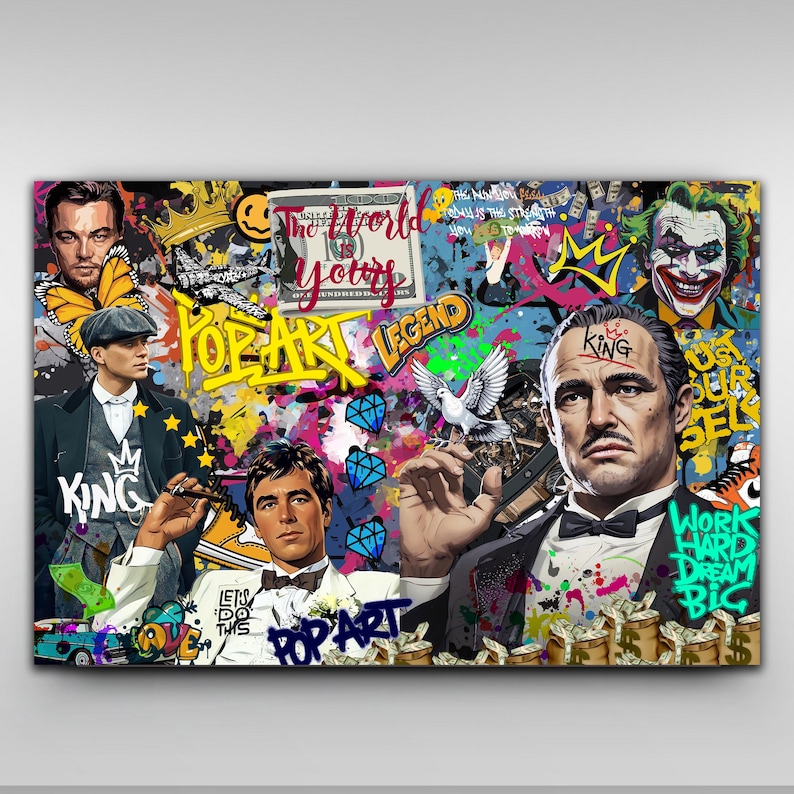 Puede incluir: Un collage de estilo pop art colorido con varios personajes y s&iacute;mbolos. El collage incluye una paloma, una corona, un joker, un hombre con traje y las palabras "Pop Art Legend" y "King".