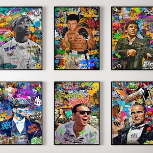 Peut inclure: Six impressions encadrées présentant des portraits de personnalités célèbres, chacun sur un fond vibrant de style graffiti. Les sujets incluent un rappeur, un boxeur et des personnages de films populaires, le tout rendu en couleurs vives.