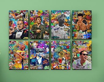 Pop-art muurkunst set van 8, canvascollectie Graffiti Hustle, King Power Decor, Man Cave Office Wall Art