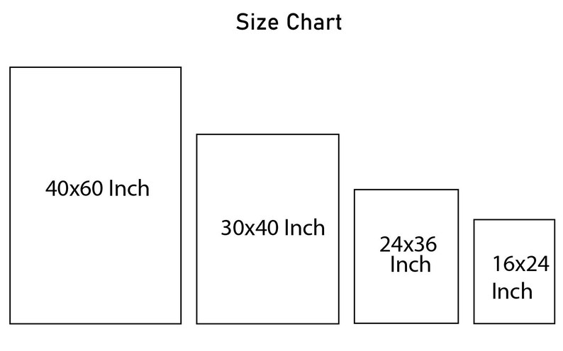 May include: Size chart showing four different sizes of canvas prints. The sizes are 40x60 inches, 30x40 inches, 24x36 inches, and 16x24 inches.