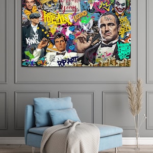 Puede incluir: Un collage de estilo pop art colorido con un retrato de un hombre con traje con las palabras "King" y "Pop Art Legend" en el fondo. El collage tambi&eacute;n incluye im&aacute;genes de una corona, una paloma, dinero y otros iconos de la cultura pop.
