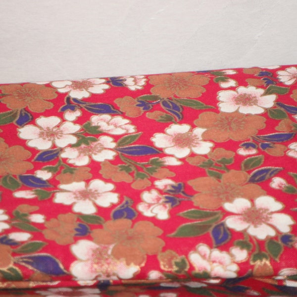 Vintage Red Printed Fabric,  Metalic Gold and White Flowers with Blue and Green Leaves, Two Yards