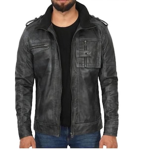 Veste motard en cuir noir effet vieilli : style vintage pour homme