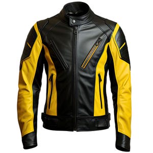Men&#39;s Two-Tone Leather Jacket: Yellow & Black Zipper Moto Style