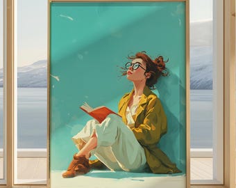 May include: A framed art print showing a person wearing glasses, reading a book and looking upwards. The person is dressed in a yellow jacket and white trousers. The background is teal with a snowy mountain range.