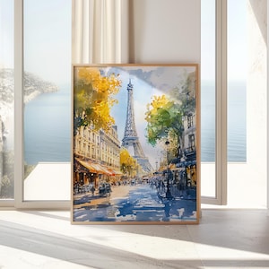 Paris Watercolor Digital Wall Art Print | Eiffel Tower Street Scene | Paris Travel Decor | Instant Download