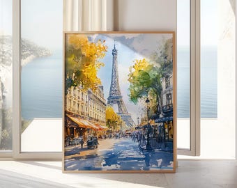 Paris Watercolor Digital Wall Art Print | Eiffel Tower Street Scene | Paris Travel Decor | Instant Download