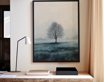 Minimalist Foggy Tree Wall Art | Misty Landscape Digital Print | Serene Nature Printable | Neutral Decor