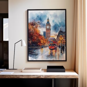 London Watercolor Print | Big Ben & Red Bus | Digital Download Wall Art | Autumn Cityscape Decor