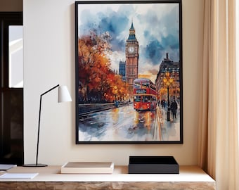 Impresión de acuarela de Londres / Big Ben y autobús rojo / Arte mural con descarga digital / Decoración de paisaje urbano otoñal