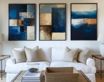 Set of 3 Abstract Prints | Blue and Gold Digital Wall Art | Modern Minimalist Home Decor | Instant Download
