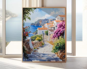 Arte murale dell'isola greca / Stampa di un villaggio costiero in acquerello / Download digitale / Paesaggio marino della Grecia / Poster della costa mediterranea