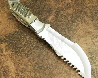 Op maat gemaakt D2 full-tang tracker-jachtmes - met handvat van hertgewei, aangepaste leren schede - met de hand gesmeed, solide en verbluffend!