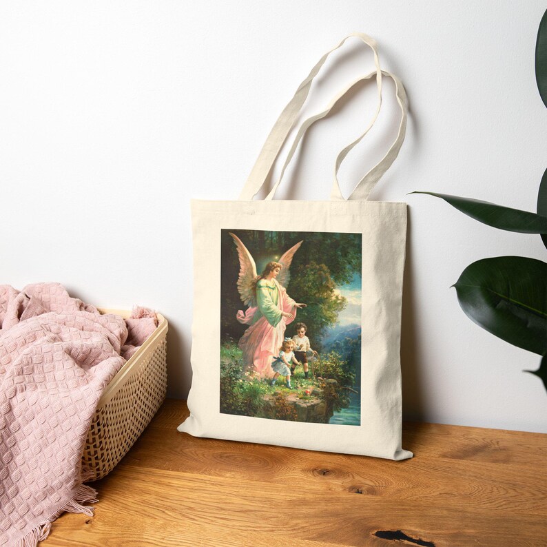 Guardian Angel Tote Bag – Christian Canvas Tote – Faith Inspired Gift – Religious Market Bag – Vintage Angel Art Tote image 10