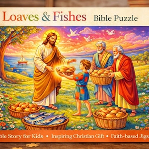 Puede incluir: Una caja de rompecabezas colorida con el título "Loaves & Fishes Bible Puzzle". La imagen representa una escena bíblica con Jesús, un niño y dos hombres, rodeados de cestas de pan y pescado. El texto "Bible Story for Kids" es visible.