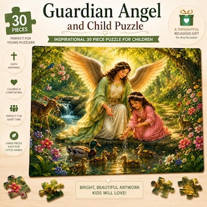 Op de afbeelding: Een 30-delige legpuzzel getiteld "Guardian Angel and Child Puzzle". De afbeelding toont een engel en een kind bij een beek, omringd door eenden, herten en bloemen. De puzzel wordt beschreven als geloofsinspirerend en perfect voor rustige momenten.