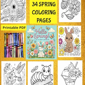 Hello Spring Coloring Book, 34 Fun Spring Coloring Pages, Printable Spring Art for All Ages,Floral, Easter & Nature Designs,Digital Download