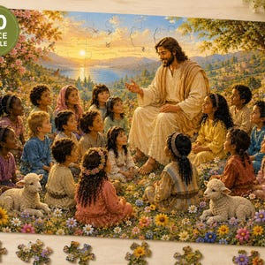 Puede incluir: Un rompecabezas de 30 piezas que presenta una escena religiosa con un hombre con una túnica rodeado de niños y corderos. El rompecabezas tiene un borde floral colorido y un fondo de puesta de sol.