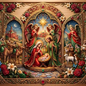 Op de afbeelding: Een decoratief wandkunstwerk in triptiekstijl met een centrale kerststalscène met de heilige familie, engelen en een ster, geflankeerd door de drie wijzen op kamelen en herders met schapen, alles omlijst door ingewikkeld goudkleurig krulwerk en rode rozen.