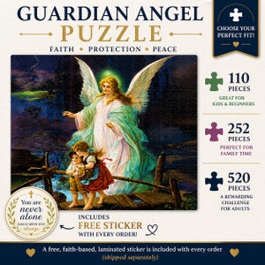 Könnte beinhalten: Ein Puzzlespiel mit dem Titel "Guardian Angel Puzzle". Das Bild zeigt einen Engel und Kinder. Erhältlich in 110, 252 und 520 Teilen. Inklusive kostenlosem Aufkleber bei jeder Bestellung.