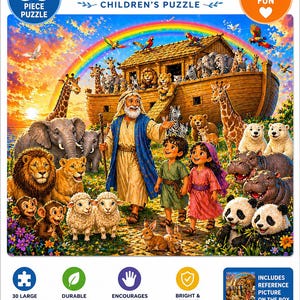 Könnte beinhalten: Ein 30-teiliges Kinderpuzzle mit der Arche Noah. Das Bild zeigt Noah, Kinder und Tierpaare, darunter Giraffen, Löwen und Elefanten, mit einem Regenbogen im Hintergrund. Das Puzzle misst 35,6 cm x 28 cm.