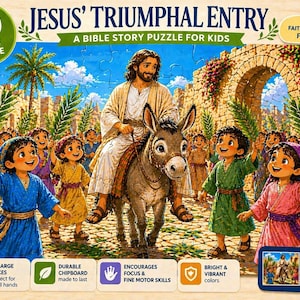 Puede incluir: Un rompecabezas de 30 piezas para niños que representa la Entrada Triunfal de Jesús. La imagen muestra a Jesús montado en un burro, rodeado de niños con ramas de palma. El rompecabezas presenta colores brillantes y es de cartón resistente.