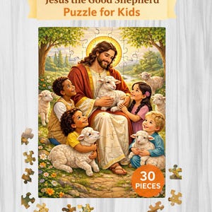 Könnte beinhalten: Ein 30-teiliges Puzzle mit einer Illustration von Jesus mit Kindern und Lämmern. Das Puzzle trägt den Text "Jesus the Good Shepherd Puzzle for Kids" auf einem Banner. Das Bild ist vor dem Hintergrund von Bäumen und sonnigem Himmel angeordnet.