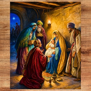 Op de afbeelding: Een schilderij met een kersttafereel met een centraal figuur die een zuigeling vasthoudt, omringd door drie figuren in kleurrijke gewaden en hoofddeksels. Een heldere ster schijnt in de achtergrondboog en een lantaarn verlicht het interieur.