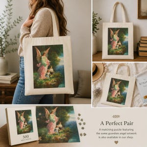May include: A cream tote bag and a 500-piece puzzle displaying a guardian angel artwork. The angel, in pink and green robes with large wings, is shown with children in a tranquil outdoor scene. The text "A Perfect Pair" is also visible.