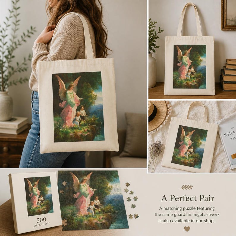 May include: A cream tote bag and a 500-piece puzzle displaying a guardian angel artwork. The angel, in pink and green robes with large wings, is shown with children in a tranquil outdoor scene. The text "A Perfect Pair" is also visible.