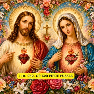 Puzzel Heilig Hart van Jezus en Onbevlekt Hart van Maria, religieuze familiepuzzel, katholiek christelijk cadeau | 110, 252 of 520 stuks