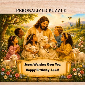 May include: A personalised jigsaw puzzle depicting a religious scene with Jesus and children, with lambs. The text "Jesus Watches Over You Happy Birthday, Luke!" is on a scroll. The image is set in a natural landscape.