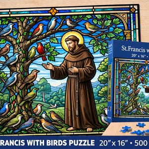 Puzzle di San Francesco con vetrata / Puzzle cristiano / Regalo cattolico / Puzzle per amanti degli uccelli / Puzzle di arte religiosa