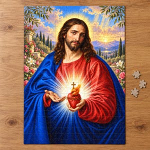 May include: A jigsaw puzzle depicting a figure with long brown hair and a beard, wearing a red tunic and blue cloak. The figure holds a glowing red heart topped with a cross. The background shows a landscape with olive trees and flowers.