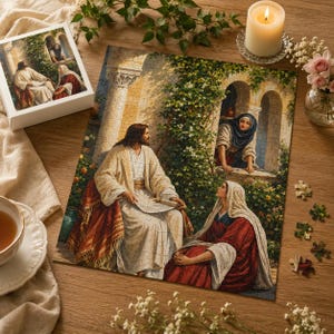Pode incluir: Um quebra-cabeça retratando uma cena religiosa com uma figura central em túnica branca e xale vermelho, uma figura sentada em túnica vermelha com touca branca e uma figura com touca azul olhando de um arco de pedra.