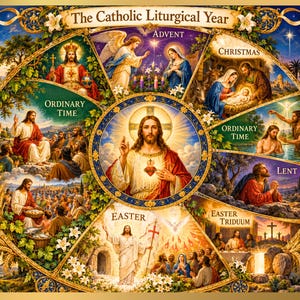 Peut inclure: Une impression religieuse circulaire intitulée The Catholic Liturgical Year, présentant une image centrale de Jésus entourée de huit segments illustrant des scènes de l'Avent, Noël, le temps ordinaire, le Carême, le Triduum pascal et Pâques.