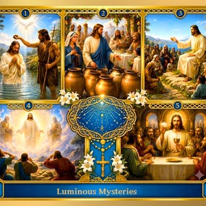 Könnte beinhalten: Eine religiöse Collage mit dem Titel Luminous Mysteries, die fünf Szenen zeigt: die Taufe Jesu, die Hochzeit zu Kana, die Verkündigung des Reiches Gottes, die Verklärung und die Einsetzung der Eucharistie, goldgerahmt mit einem zentralen Rosenkranz.