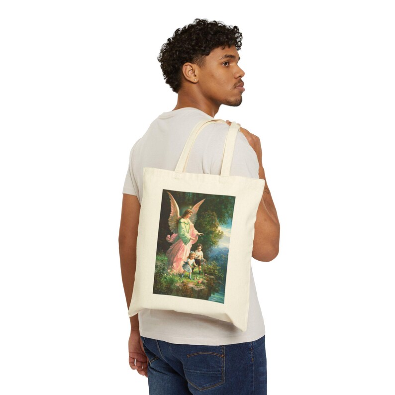 Guardian Angel Tote Bag – Christian Canvas Tote – Faith Inspired Gift – Religious Market Bag – Vintage Angel Art Tote image 4