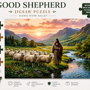 May include: A jigsaw puzzle with the text "GOOD SHEPHERD" and "SCENIC RIVER VALLEY". The puzzle features a painting of a shepherd with sheep near a river, with mountains and a sunset in the background. Available in 110, 252, 520, and 1014 pieces.