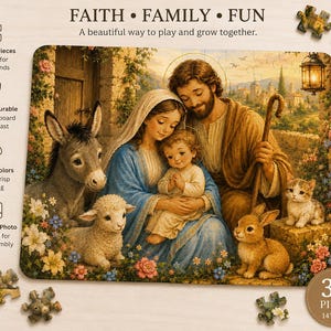 May include: A 30-piece jigsaw puzzle featuring a religious scene with a family, animals, and flowers. The puzzle is 14 inches by 11 inches and includes a reference photo. The text on the puzzle reads "FAITH • FAMILY • FUN".
