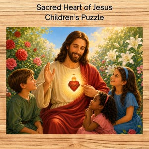 以下が含まれることがあります： 「Sacred Heart of Jesus Children's Puzzle」というテキストが書かれた子供用パズル。長い茶色の髪と髭を持つ男性が白いローブと赤いマントを身にまとい、胸に輝く心臓が描かれ、3人の子供たちに囲まれている様子が描かれています。